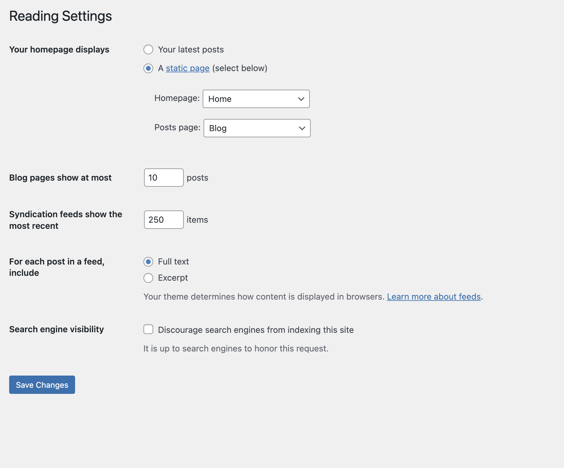 WordPress Reading Settings